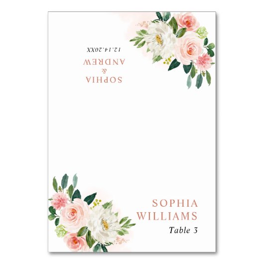 Rosa Rose Blume Hochzeitskarte in Rosa Rosa Tischnummer (Vorderseite)