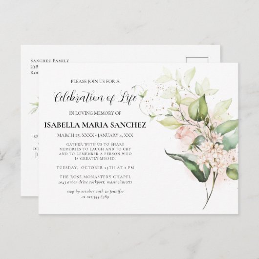 Rosa Rose Blumenfeier zum Leben Einladung Postkarte (Vorne/Hinten)