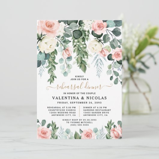 Rosa Rose Blumengarten Probe Abendessen Einladung (Stehend Vorderseite)