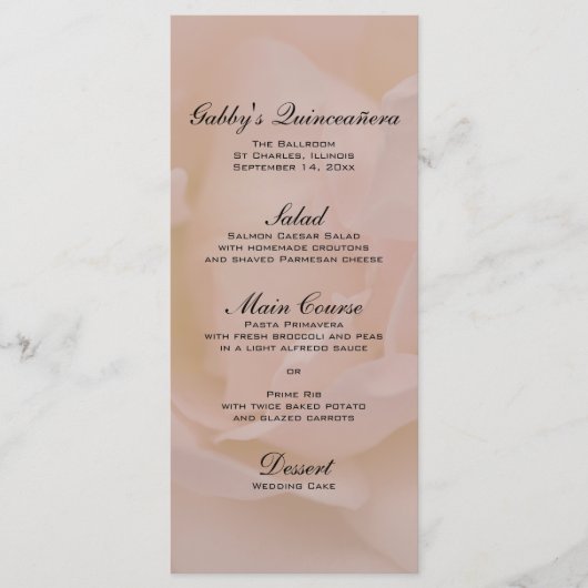 Rosa Rose Blumenkarte Quinceñera Menü Menükarte (Vorderseite)