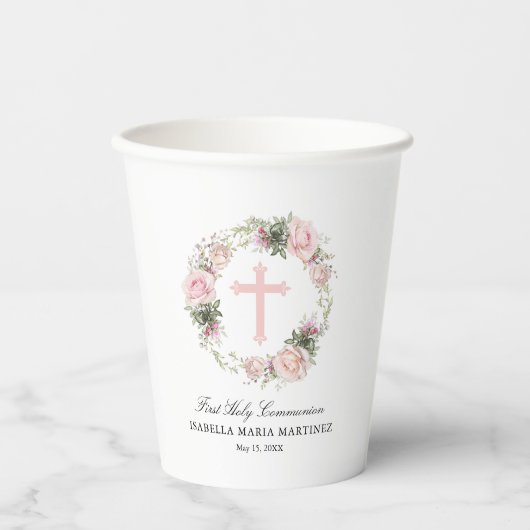 Rosa Rose Blumenkreuz Pappbecher (Vorderseite)