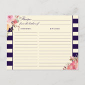 Rosa Rose Blumenmuster Navy Blue Stripe Rezeptkart Postkarte (Rückseite)