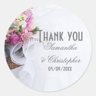 Rosa Rose Blumenstrauß Hochzeitskleid danke Runder Aufkleber