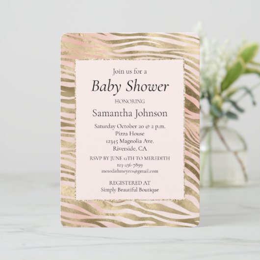 Rosa Rose Blush Gold Zebra Animal Print Einladung (Stehend Vorderseite)