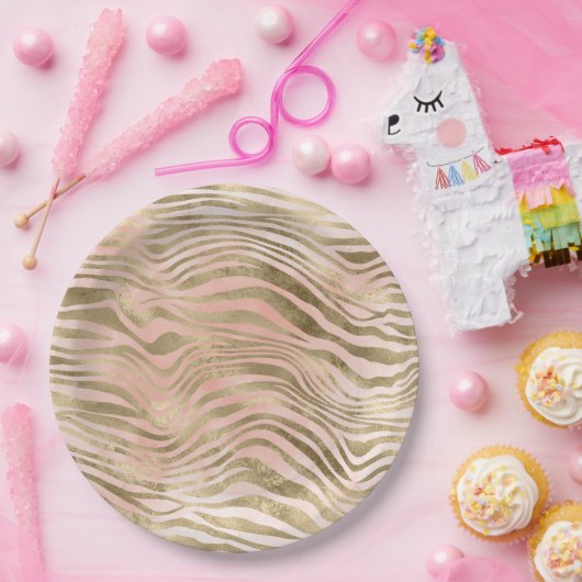 Rosa Rose Blush Gold Zebra Animal Print Pappteller (Party)