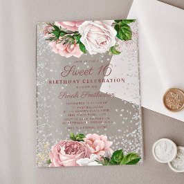 Rosa Rose Blütenfarben Silberner Glitzer Sweet 16 Acryleinladungen