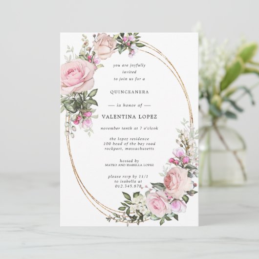 Rosa Rose Blütengold Quinceanera Einladung (Stehend Vorderseite)