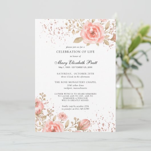 Rosa Rose Blütengolden Blätter zum Feiern des Lebe Einladung (Stehend Vorderseite)