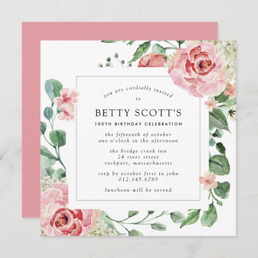 Rosa Rose Botanische 100. Geburtstagsparty Einladung (Vorne/Hinten)