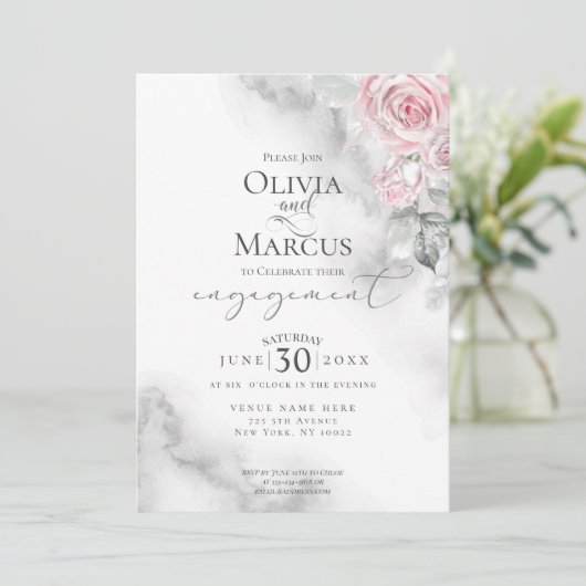 Rosa Rose Bouquet Pewter Wasserfarbe Einladung (Stehend Vorderseite)