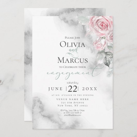 Rosa Rose Bouquet Pewter Wasserfarbe Einladung (Vorne/Hinten)