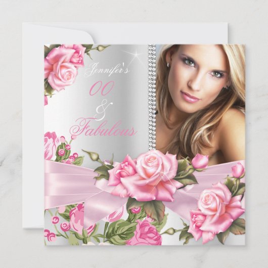 Rosa Rose Bow Foto Fabulous Silver Geburtstag Einladung (Vorderseite)