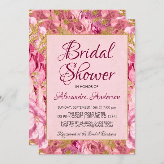 Rosa Rose Brautparty Monogramm Einladung (Vorne/Hinten)