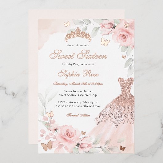 Rosa Rose Butterfly Dress 16 . Geburtstag Folieneinladung (Vorderseite/Rückseite)