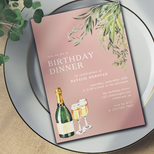 Rosa Rose | Champagne Garden Geburtstag Abendessen Einladung