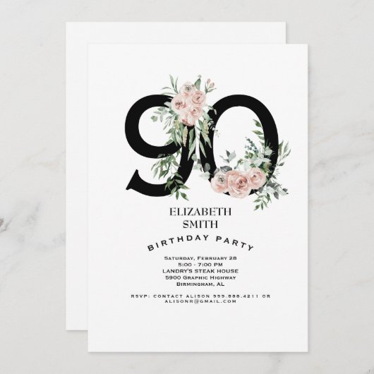 Rosa Rose Elegant 90. White Birthday Party Einladung (Vorne/Hinten)