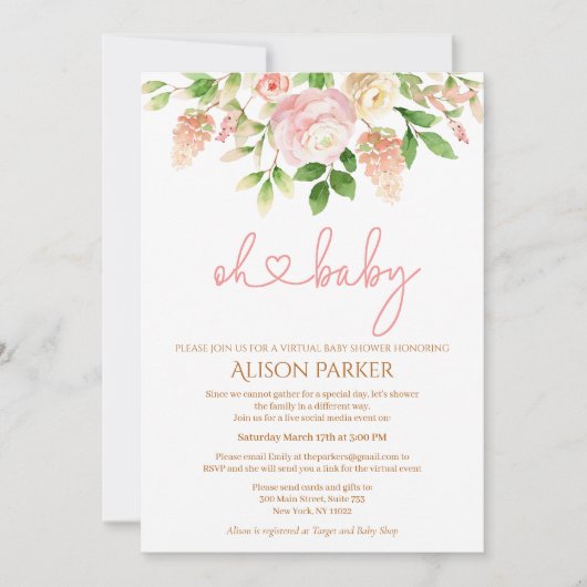 Rosa Rose Elegante Girl Virtual Baby Dusche Einladung (Vorderseite)