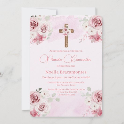 Rosa Rose erste kommunale Einladung auf Spanisch (Vorderseite)