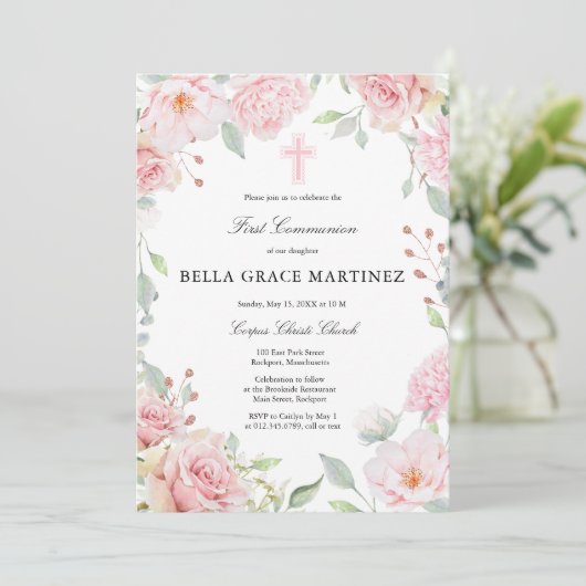 Rosa Rose Erste Kommune Blush Pink Rose Einladung (Stehend Vorderseite)