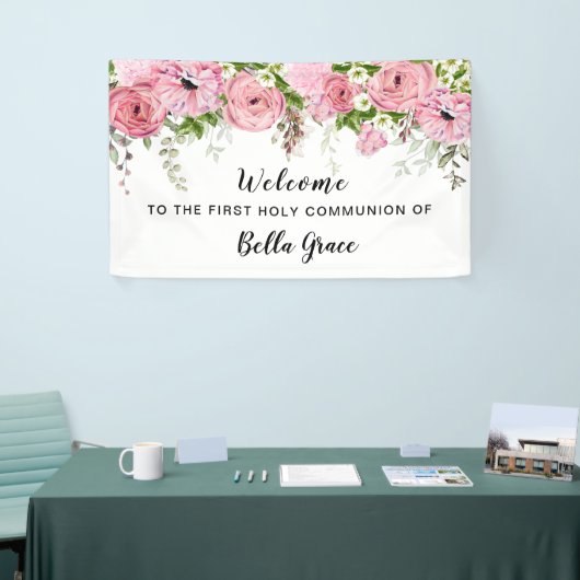Rosa Rose Erste Kommune Blush Pink Rose Willkommen Banner (Messeveranstaltung)