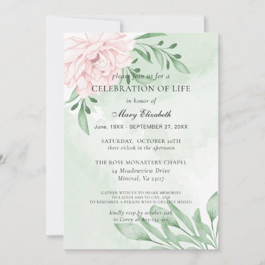 Rosa Rose Eukalyptus Foliage Feier des Lebens Einladung (Vorderseite)