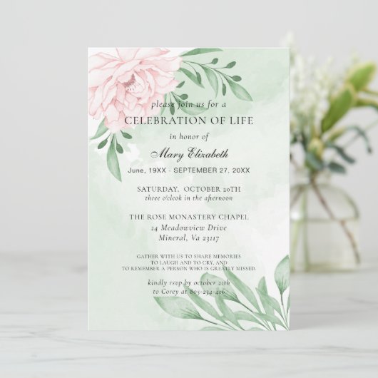 Rosa Rose Eukalyptus Foliage Feier des Lebens Einladung (Stehend Vorderseite)