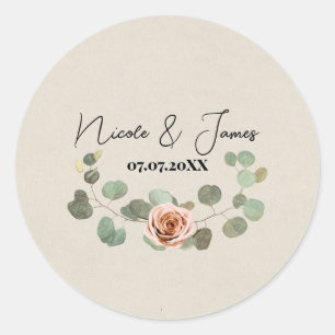 Rosa Rose & Eukalyptus Herz Rustikale Hochzeit Runder Aufkleber