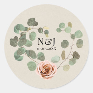 Rosa Rose & Eukalyptus Herz Rustikale Hochzeit Runder Aufkleber