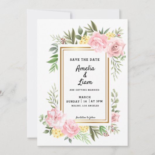 Rosa Rose Flora Thema Hochzeit speichern das Datum Einladung (Vorderseite)