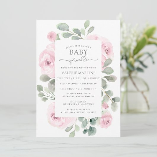 Rosa Rose Floral Baby Sprinkle Einladung (Stehend Vorderseite)