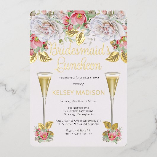 Rosa Rose Floral Blooms Bridesmaids Luncheon Folieneinladung (Vorderseite)