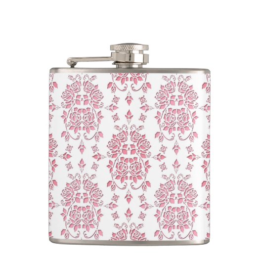 Rosa Rose Floral Damask Stilmuster Flachmann (Vorderseite)