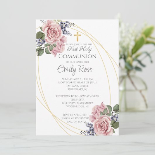 Rosa Rose Floral Erste Heilige Kommune Einladung (Stehend Vorderseite)