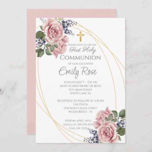 Rosa Rose Floral Erste Heilige Kommune Einladung (Vorne/Hinten)