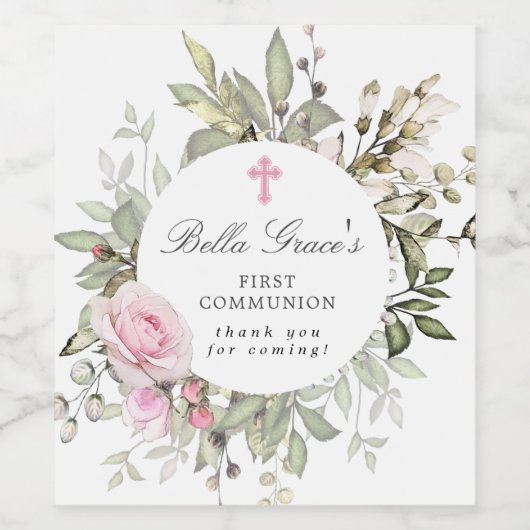 Rosa Rose Floral Erste Kommune Weinetikett (Einzelnes Label)