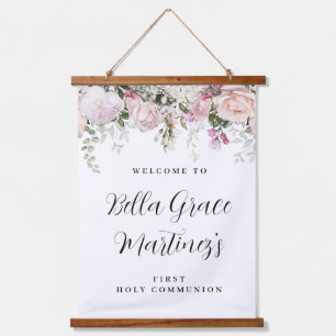 Rosa Rose Floral Erste Kommune Willkommen Wandteppich Mit Holzrahmen