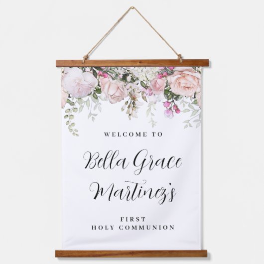 Rosa Rose Floral Erste Kommune Willkommen Wandteppich Mit Holzrahmen (Vorderseite)