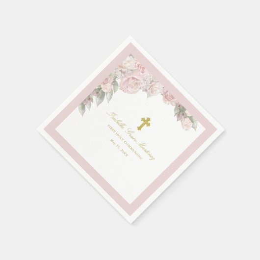 Rosa Rose Floral Erster Kommunionencocktail Serviette (Ecke)