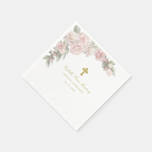 Rosa Rose Floral Erster Kommunionencocktail Serviette (Ecke)
