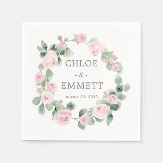 Rosa Rose Floral Eukalyptus Wedding Napkins Serviette (Vorderseite)