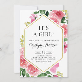 Rosa Rose Floral Gold Foil Es ist eine Girl Baby D Einladung