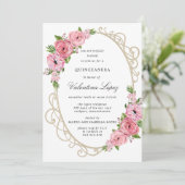 Rosa Rose Floral Gold Quinceanera Einladung (Stehend Vorderseite)