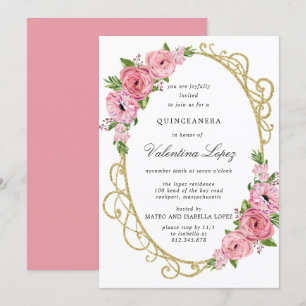 Rosa Rose Floral Gold Quinceanera Einladung