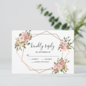 Rosa Rose Floral Gold Rahmen Geometrische Hochzeit RSVP Karte (Stehend Vorderseite)