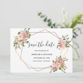Rosa Rose Floral Gold Rahmen Geometrische Hochzeit Save The Date (Stehend Vorderseite)