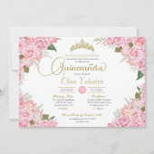 Rosa Rose Floral Gold Tiara Quinceanera Einladung (Vorderseite)