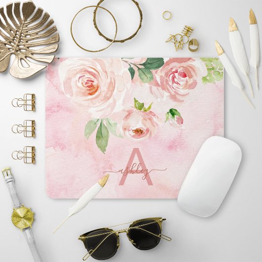 Rosa Rose Floral Name Monogram Mousepad