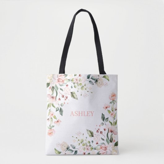 Rosa Rose Floral Name Monogram Tasche (Vorderseite)