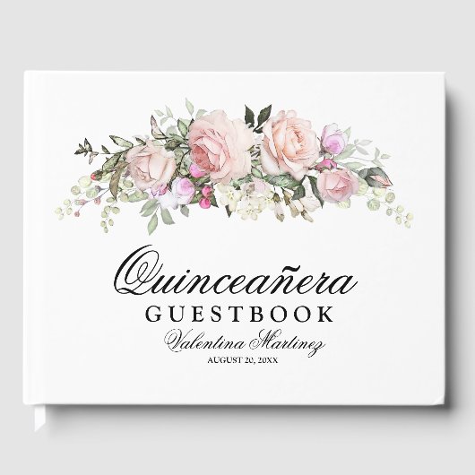 Rosa Rose Floral Quinceanera Gästebuch (Vorderseite)