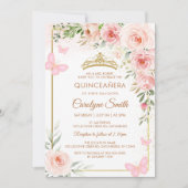 Rosa Rose Floral Quinceñera Butterfly Tiara Einladung (Vorderseite)